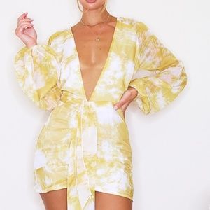 CHARTREUSE TIE DYE CHIFFON LONG SLEEVE BODYCON DRESS